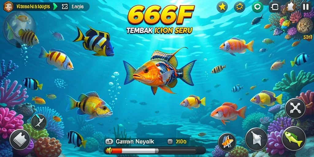 Gameplay seru Tembak Ikan di 666F dengan ikan yang beragam.