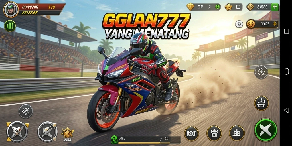 Tampilan gameplay GGR777 dengan motor balap di trek yang menantang.