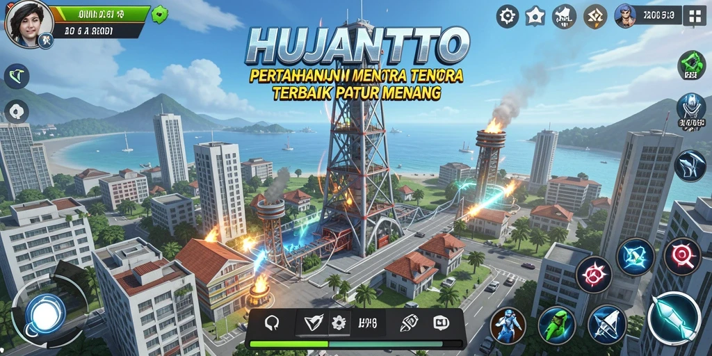 Tampilan gameplay HUJANTOTO dengan menara pertahanan yang strategis.