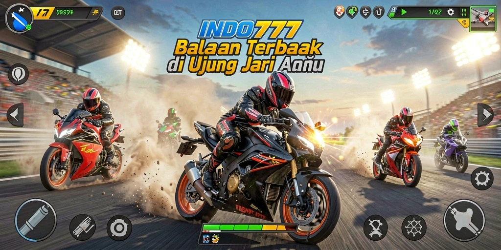 Screenshot gameplay balapan motor yang mendebarkan.