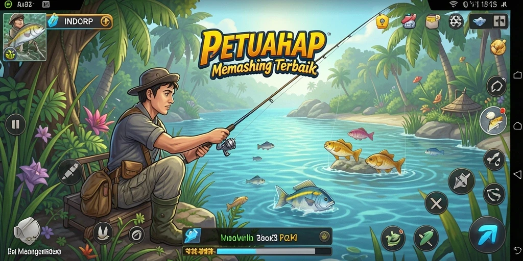 Screenshot gameplay INDORP memperlihatkan aksi memancing yang seru.