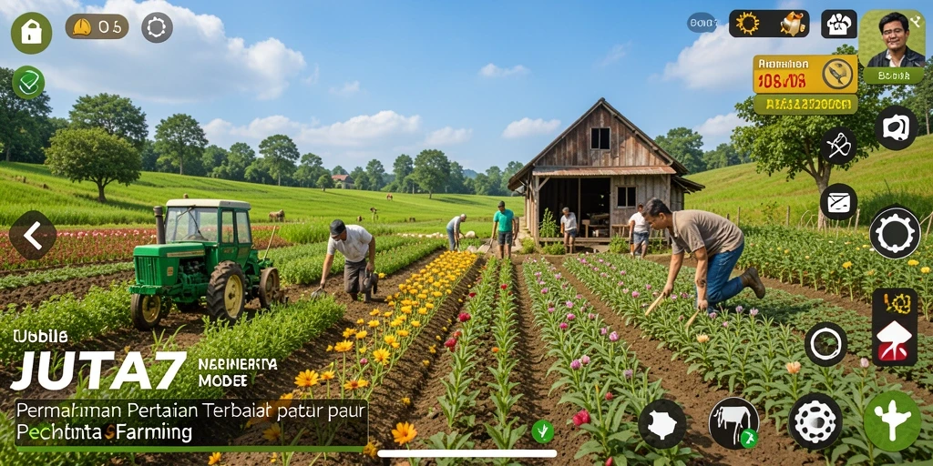 Screenshot gameplay JUTA7 menampilkan petani sedang panen tanaman.