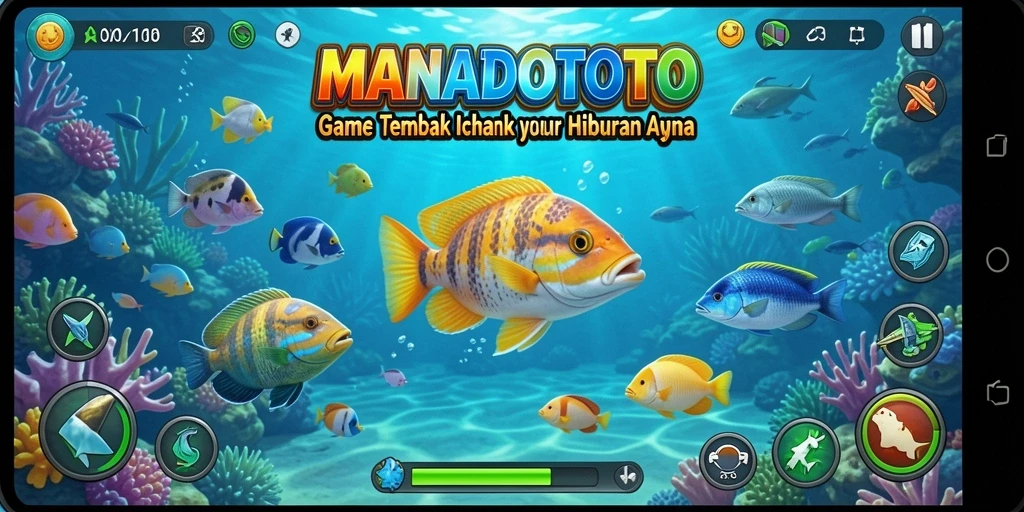 Screenshot gameplay MANADOTOTO yang menampilkan aksi tembak ikan yang seru.