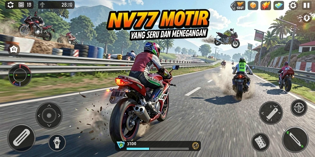 Screenshot dari gameplay NV77 menampilkan balapan motor yang seru.