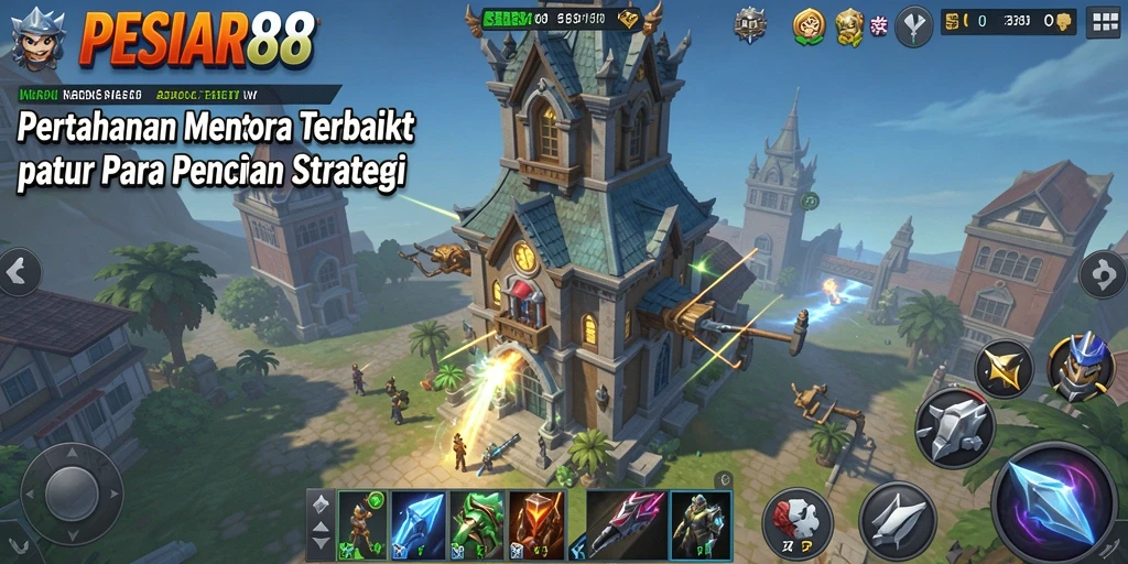 Screenshot gameplay PESIAR88 menunjukkan serangan musuh dan menara yang siap bertahan.
