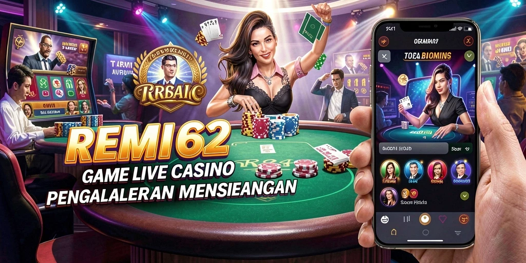Tangkapan layar gameplay <strong>REMI62</strong> menampilkan dealer langsung dan suasana kasino yang hidup.
