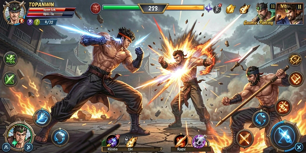 Gambar menunjukkan pertarungan seru karakter di arena TOPANWIN.