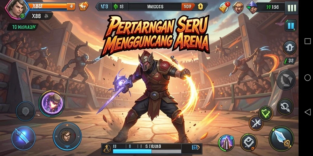 Tampilan gameplay mendebarkan di arena X88 dengan pertarungan seru.