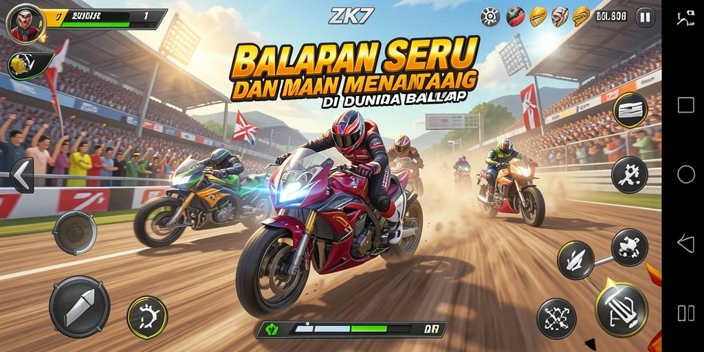 Gameplay ZK7 menampilkan mobil balap beraksi di lintasan yang menantang.
